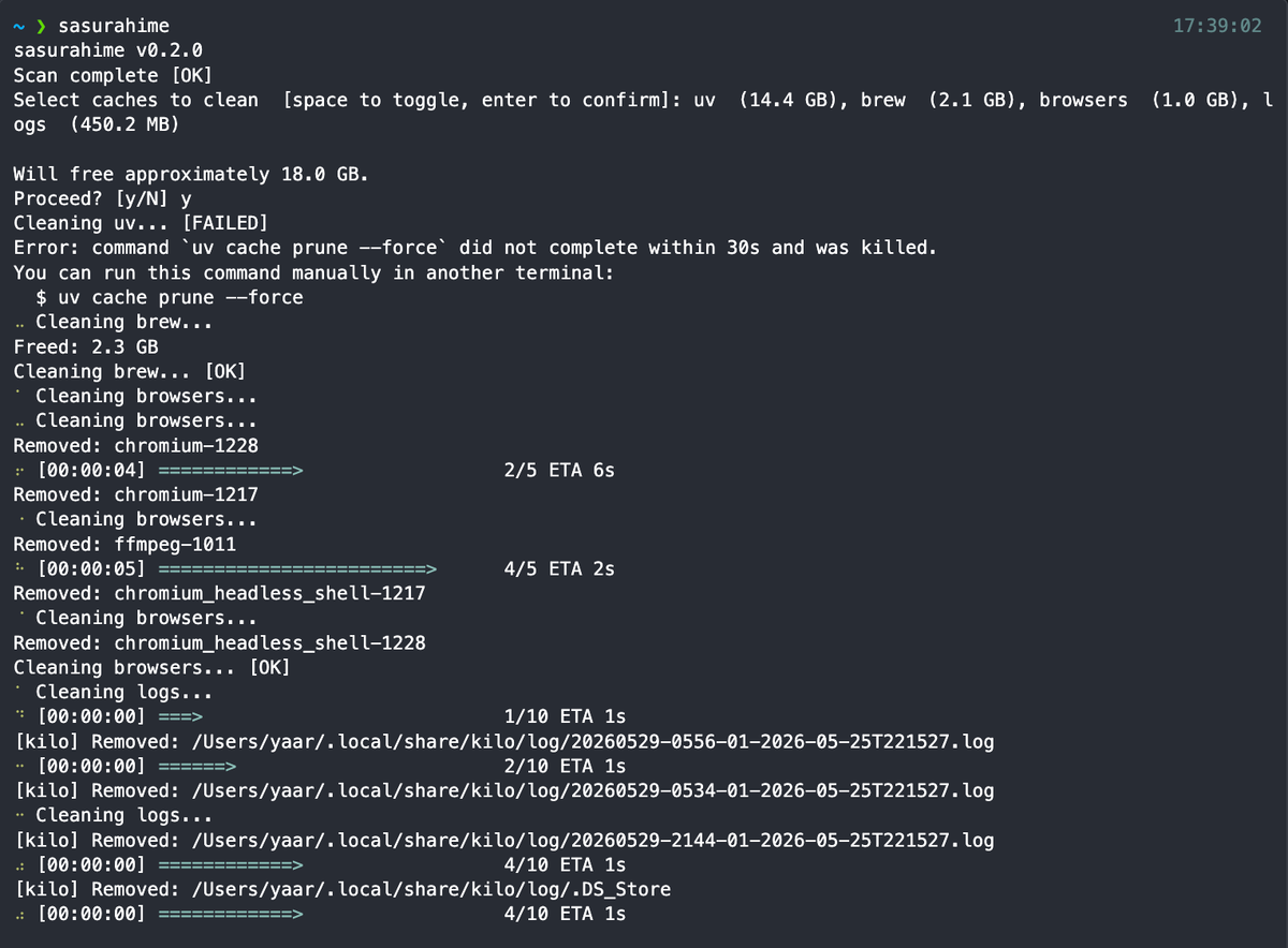 sasurahime — Cache Cleaner for Mac Dev